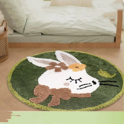 Round soft polyester children's floor carpet in forest green with anti-slip backing, shown beside a bed.