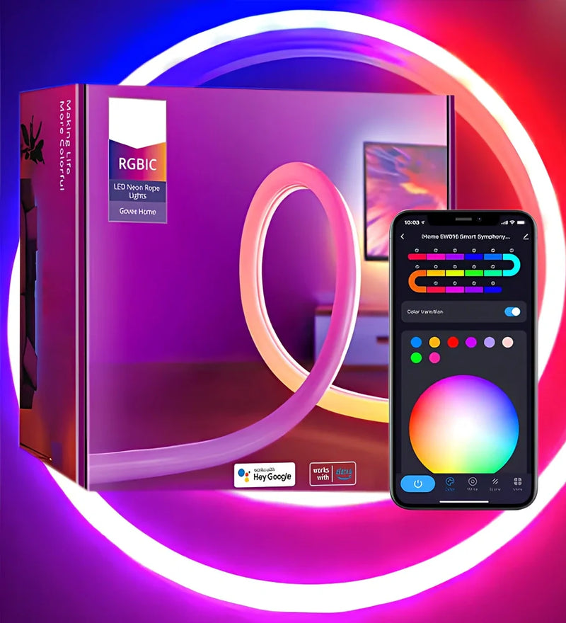 12V/24V Bluetooth WiFi RGBIC Music Neon Light with 84 LED beads delivering 16 lumens each and 50,000-hour lifespan for vibrant lighting effects