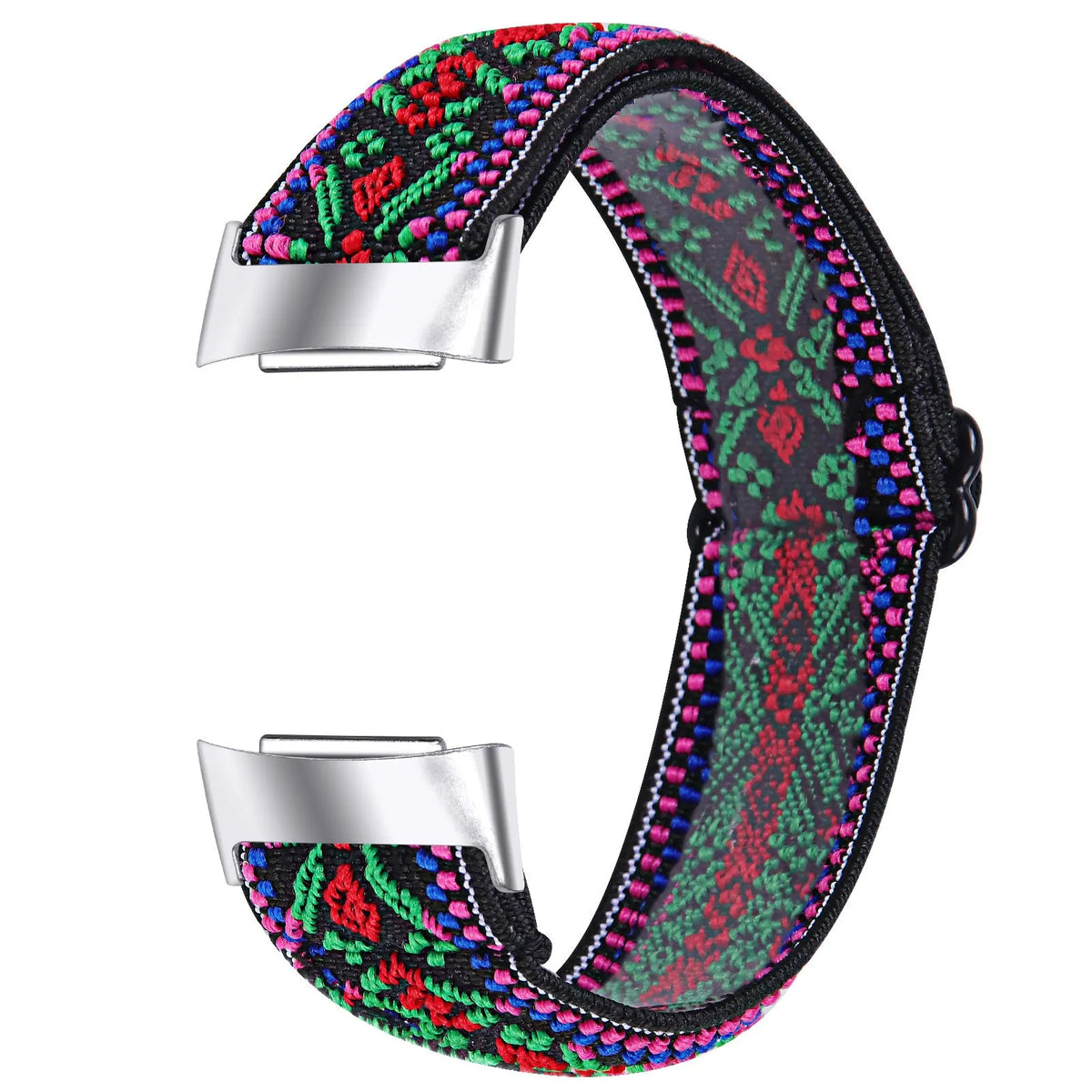 Printed elastic watch strap compatible with Fitbit Charge 6 shown in adjustable position
