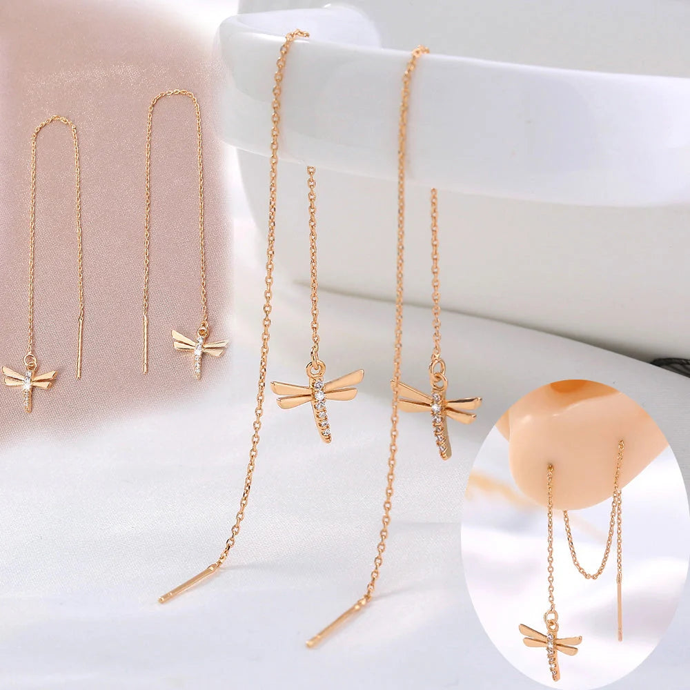 Gold copper dragonfly micro-set zircon long tassel ear wire jewellery