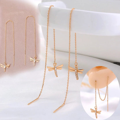 Gold copper dragonfly micro-set zircon long tassel ear wire jewellery