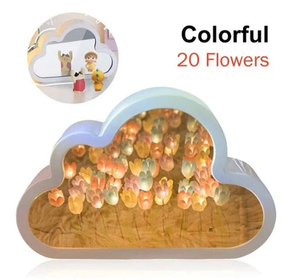 DIY Tulip Night Lamp with decorative mirrors and LED lighting in pink, purple, and blue