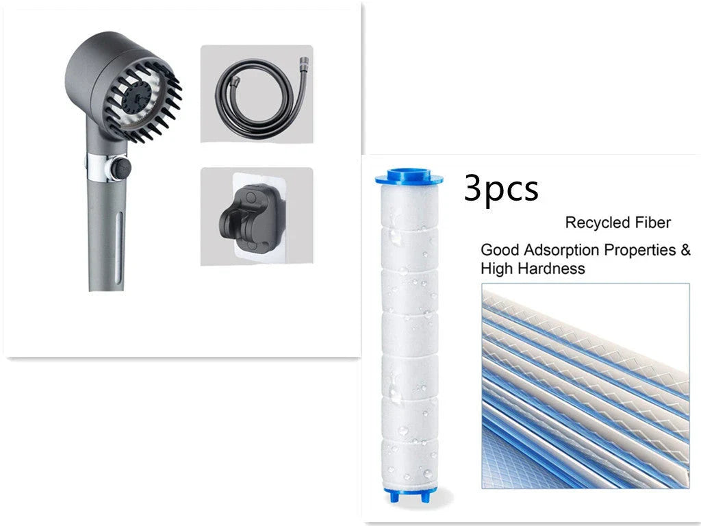 Premium multi-function shower head with rainfall and massage modes, made of durable ABS material and featuring a built-in water filter.
