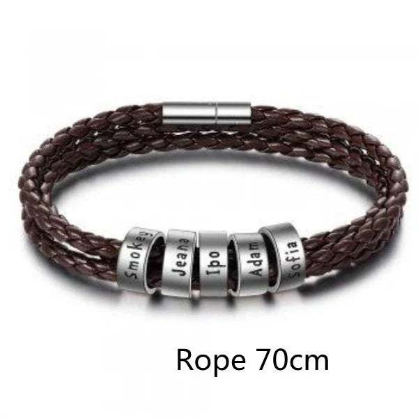 A personalized leather bracelet with engraved beads, a thoughtful gift for men