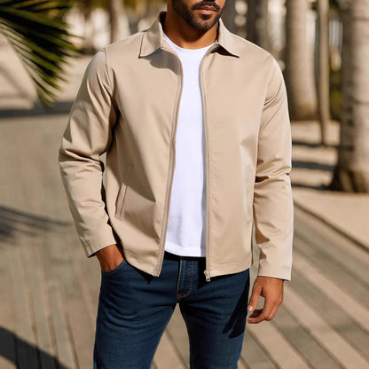 Men's green zip-up cardigan jacket with raglan sleeves on a hanger.