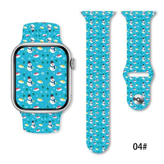 Christmas-themed silicone watch strap in solid colour with festive printing, sized 38-49mm, flexible and water-resistant