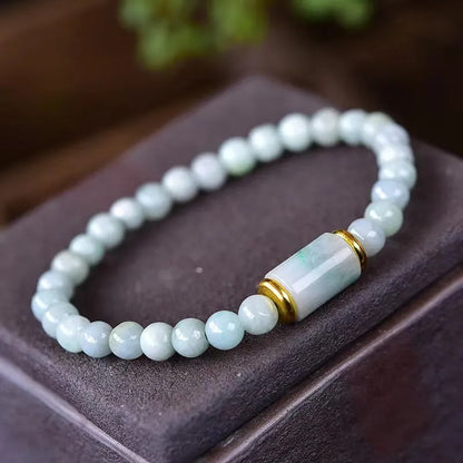 Natural Myanmar jade bracelet with emerald green round ice jade stone beads, unisex ethnic style, handmade.