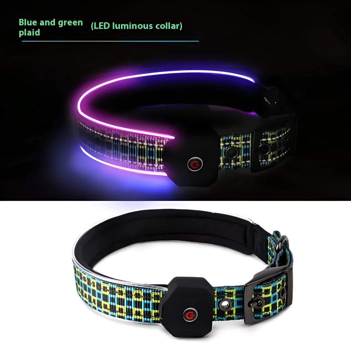 Blue and green plaid LED dog collar with USB charging port and reflective safety stripes