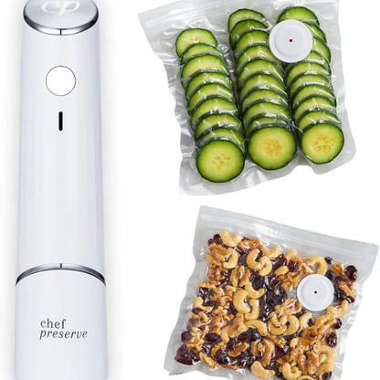White USB electric vacuum suction pump with five clear 26x28cm plastic fresh-keeping zipper bags for food storage
