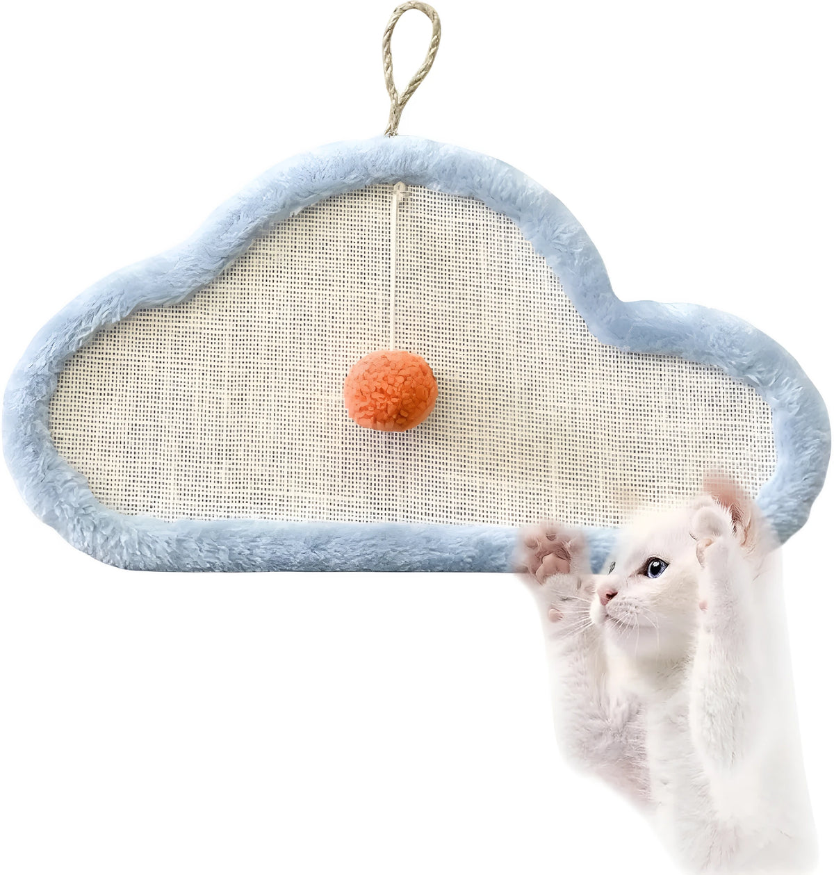 White natural sisal cat scratching mat with sleeping cat cartoon design, mounted on a wall.