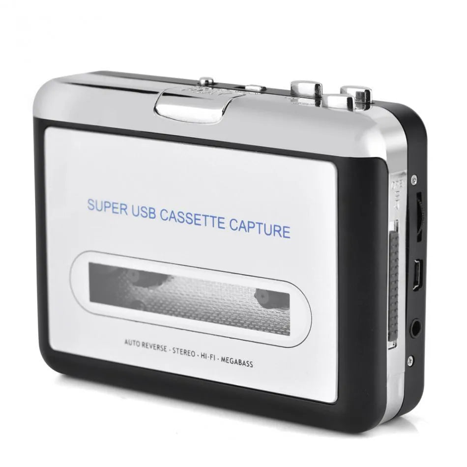 Silver USB cassette tape to MP3 converter unit with USB cable on a white background.