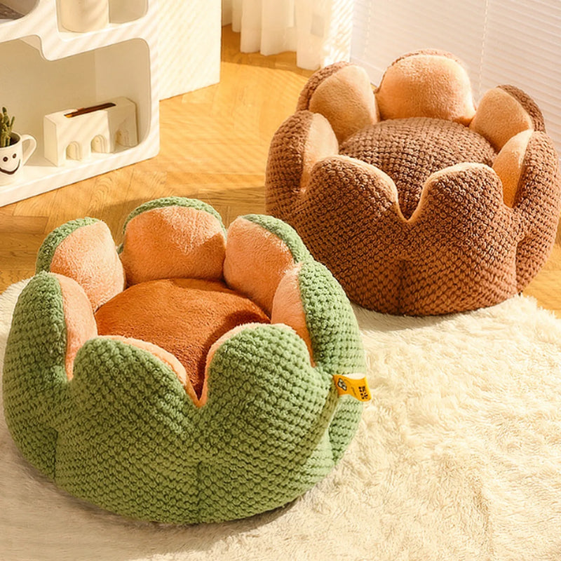 Petal shape cactus cat bed large soft warm sleeping nest for cats and dogs with machine washable short plush and non-slip bottom, available in green purple brown grey colours in sizes S 40cm, M 50cm, L 60cm