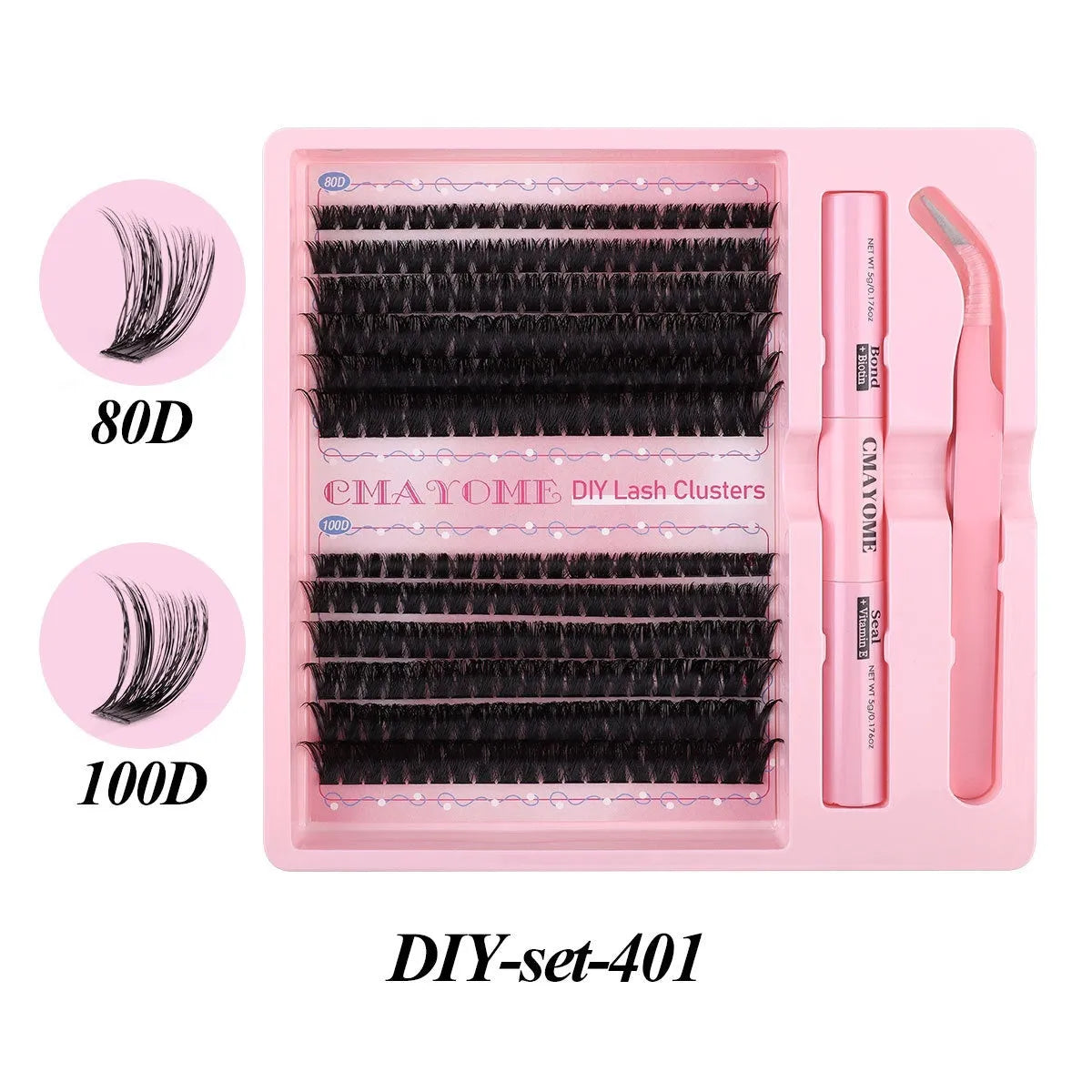 DIY single cluster false eyelashes set showing artificial fibre lashes in a natural thick, mixed split style.