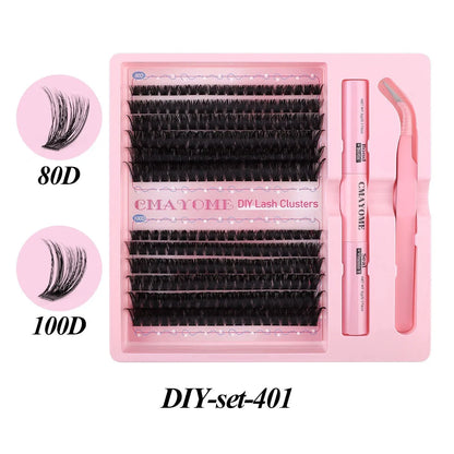 DIY single cluster false eyelashes set showing artificial fibre lashes in a natural thick, mixed split style.