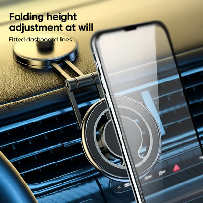 Black telescopic car phone holder extended on a car dashboard, showing phone attached with magnetic mount.