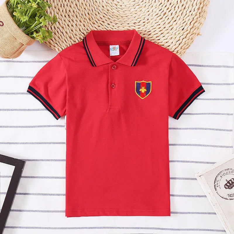 Boys' cotton short sleeve lapel collar shirt in red, navy blue, bright yellow, or off-white, sizes 90cm to 130cm.