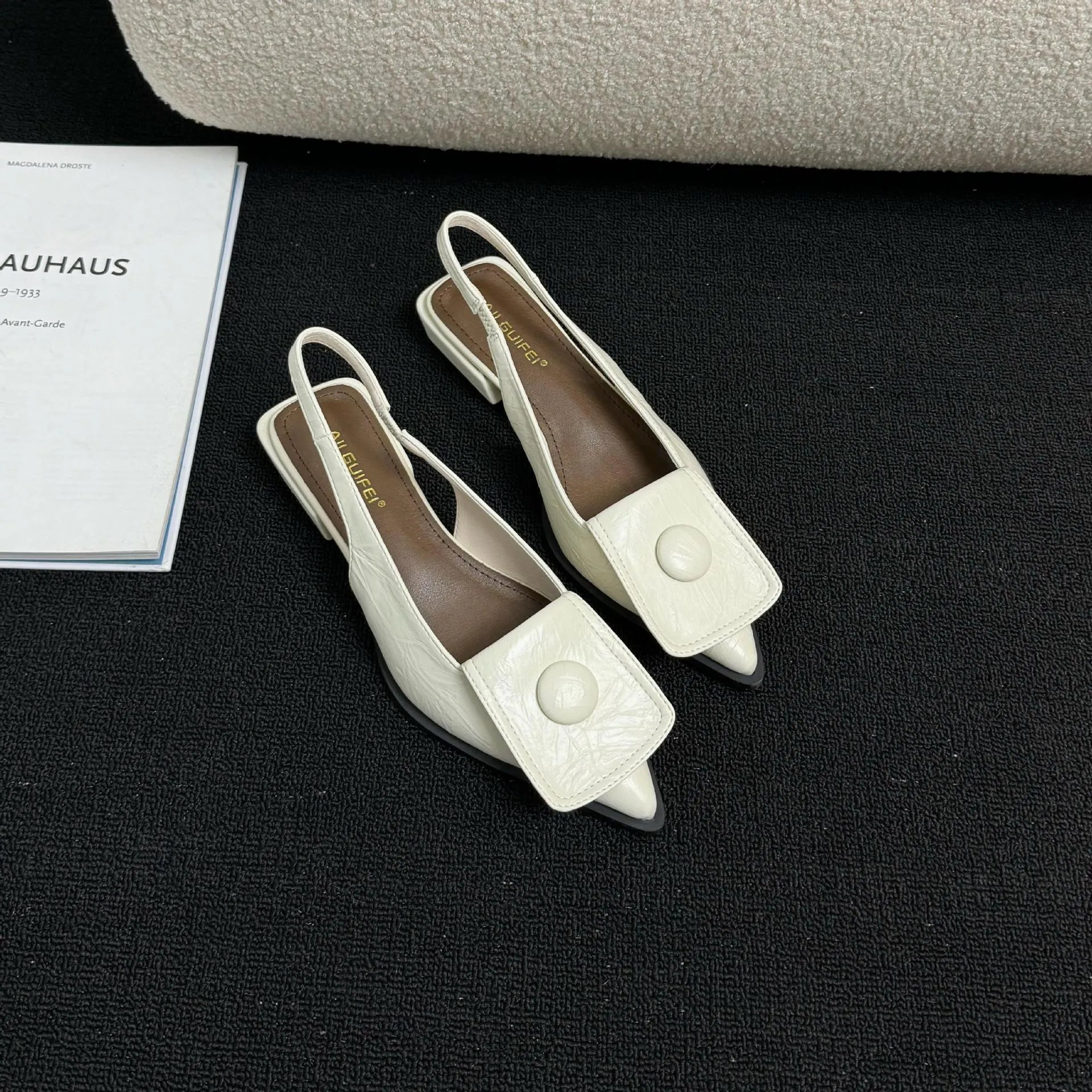 Women's pointed toe low heel sandals with back strap in apricot colour