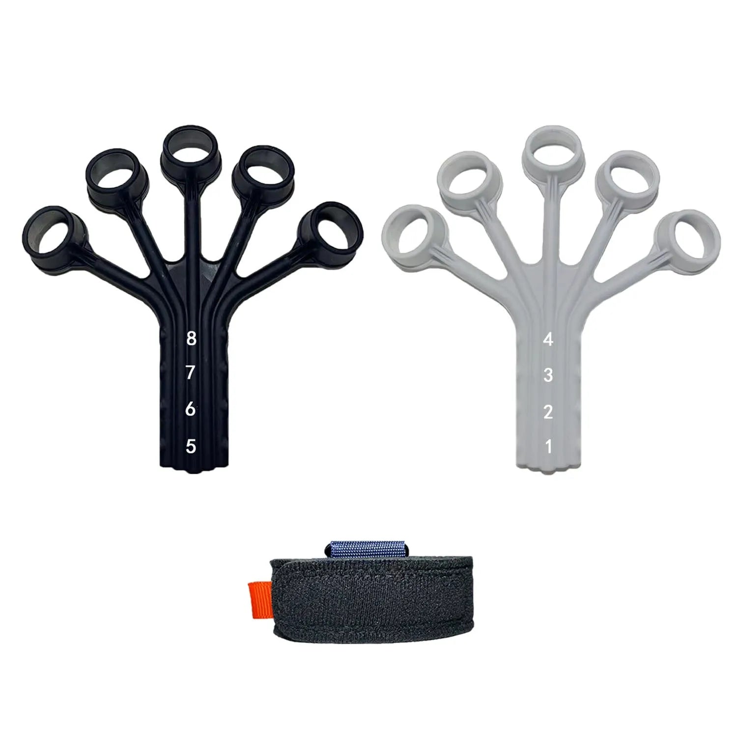 Black silicone finger tension rope trainer with adjustable belt on a grey background.