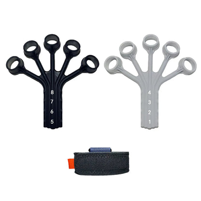 Black silicone finger tension rope trainer with adjustable belt on a grey background.