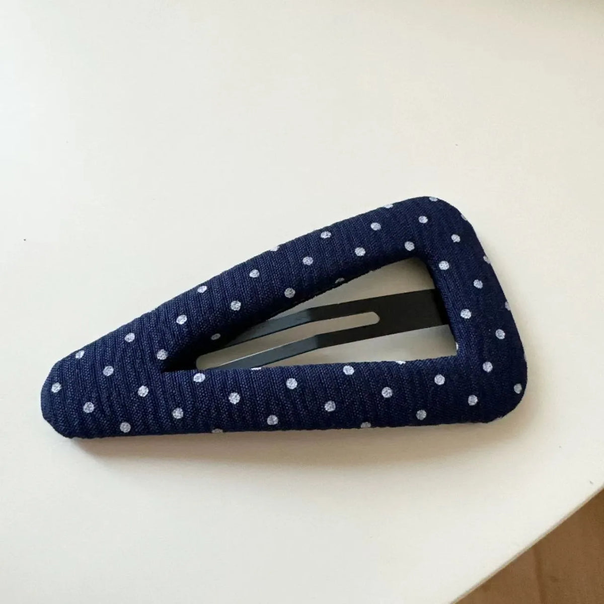 French retro style barrettes in dark denim and polka dot triangle or water drop designs for women