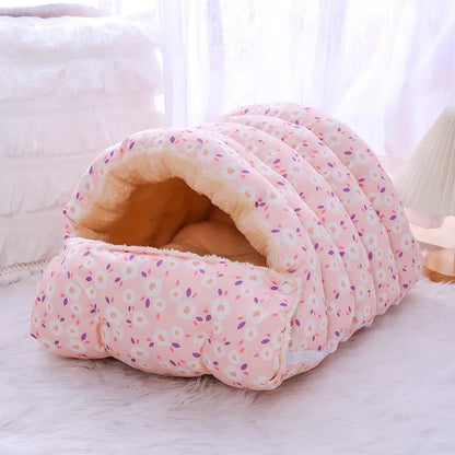 Enclosed winter cat nest with removable cover in a small blue flower print pattern.