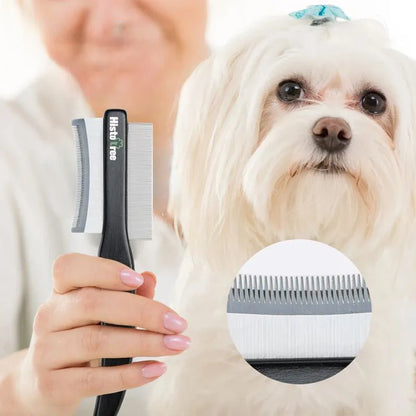 Black double-sided pet hair comb with wooden handle and metal teeth for cat and dog grooming