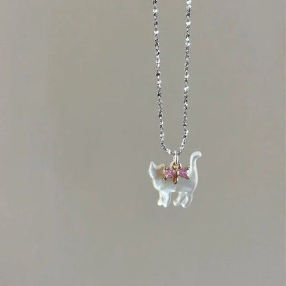 Cute transparent cat rhinestone pendant necklace with silver plated chain
