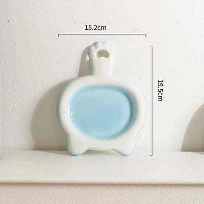 Ceramic cat bowl with shallow design in blue, green, pink, or yellow colour options