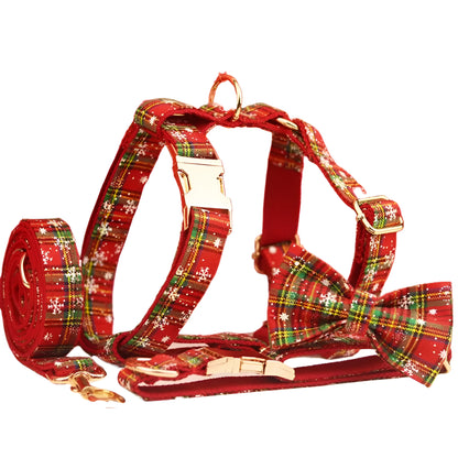 Red Christmas snowflake plaid pattern dog collar and leash set with matching vest and bow tie