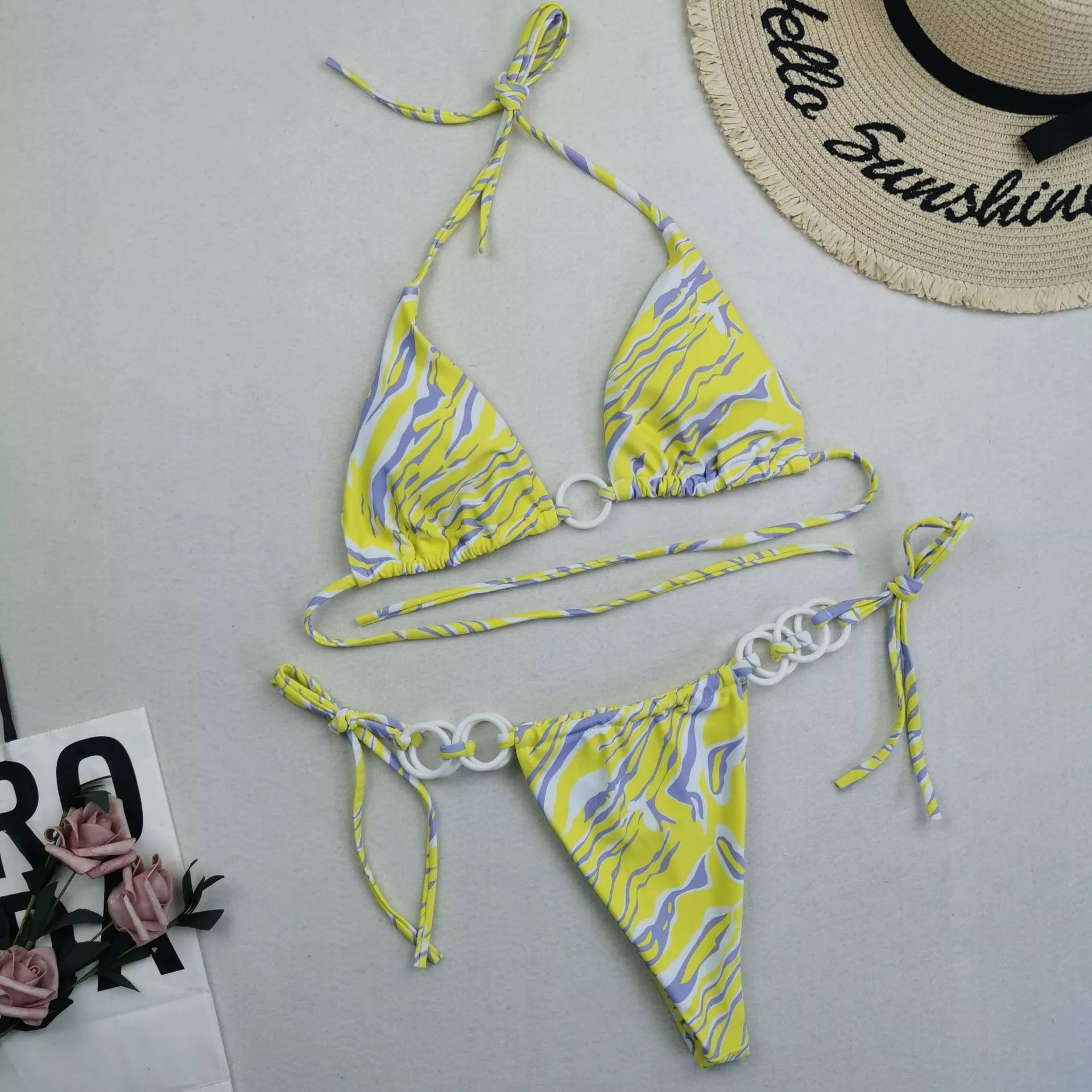 Women's split bikini with lace-up design and double fabric in various colours