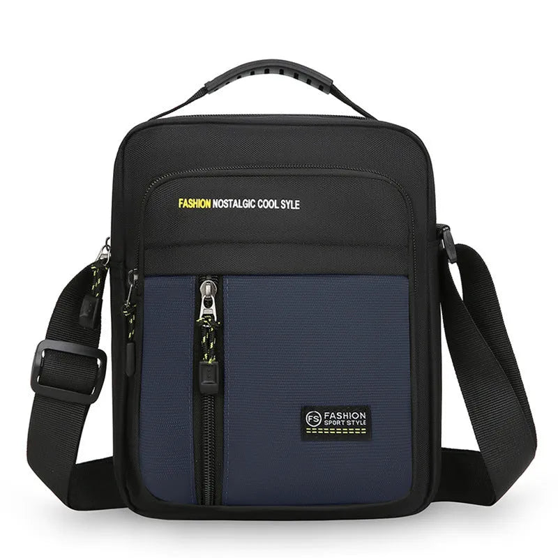Men's casual nylon messenger bag in four colour options showing shoulder strap and visible sewing thread detailing