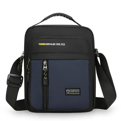 Men's casual nylon messenger bag in four colour options showing shoulder strap and visible sewing thread detailing