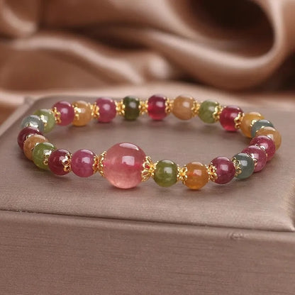Women's 10mm tourmaline strawberry quartz bracelet with round beads and manual craftsmanship