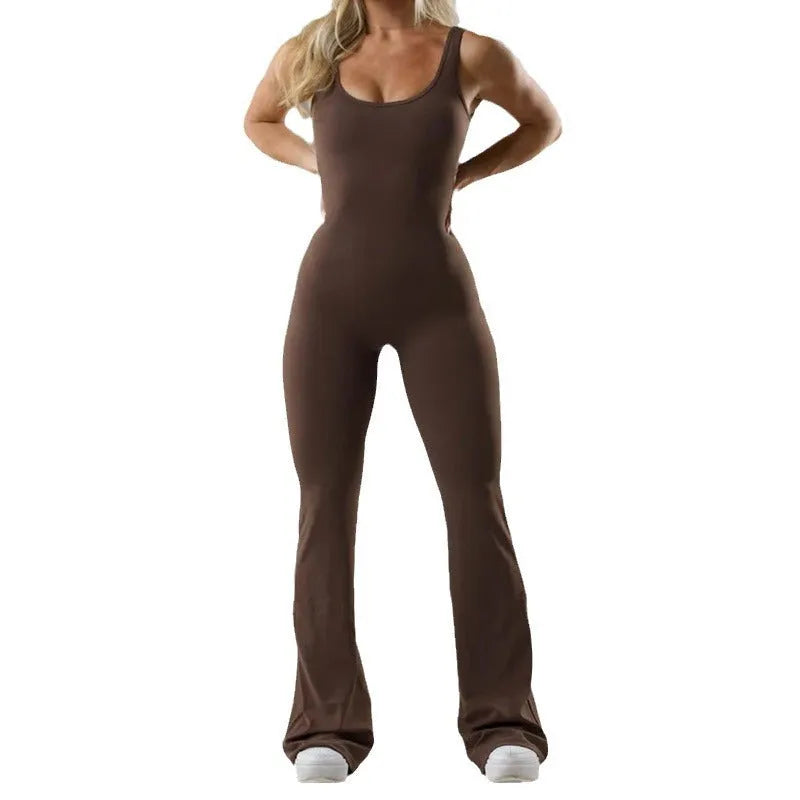 Tight Yoga Bodysuit for women in Milk Silk fabric, featuring a seamless hollow construction with chest pad, available in black, grey, blue and light brown as a trousers-length mid-waist jumpsuit in Asian sizing from XS to XL.
