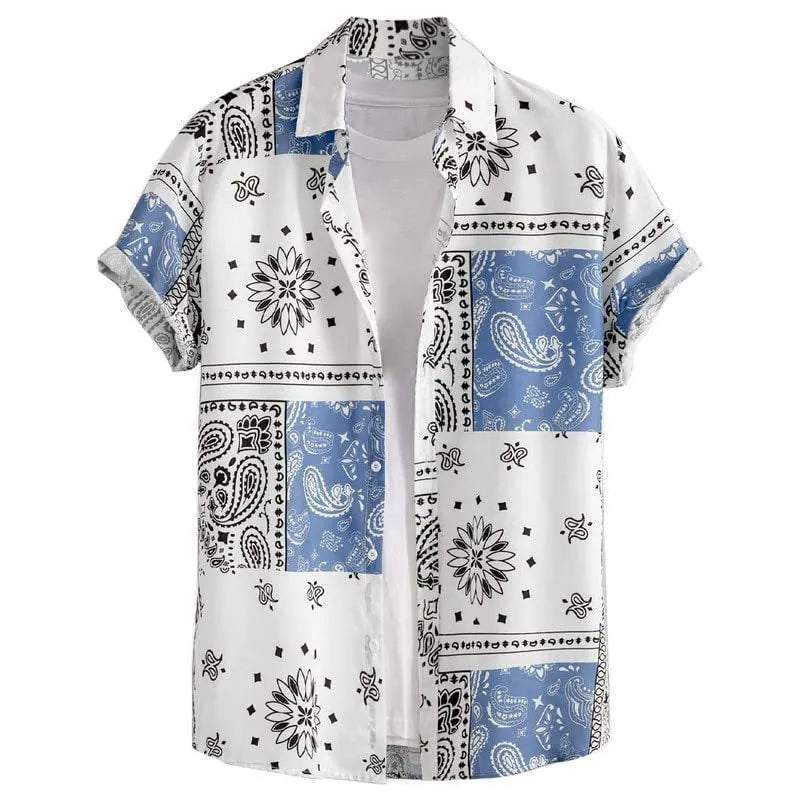 Men's Hawaiian shirt in slim fit cardigan style with digital printing on four-sided elastic polyester fabric, casual short sleeve shirt available in sizes S to 6XL with ten colour options including R22K and RU9G for summer wear