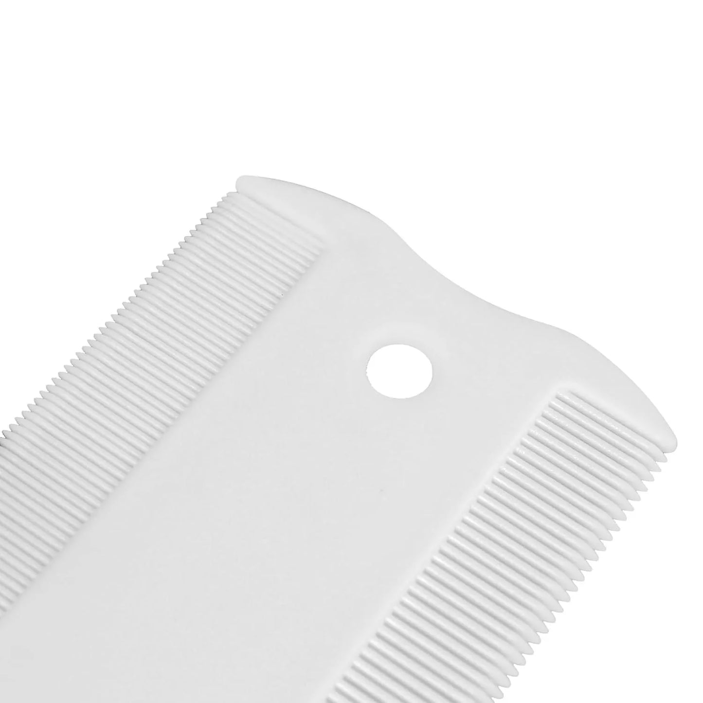 Double-sided plastic flea comb for pets showing dense teeth on one side and a fine-tooth grate on the other.