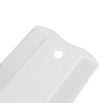 Double-sided plastic flea comb for pets showing dense teeth on one side and a fine-tooth grate on the other.