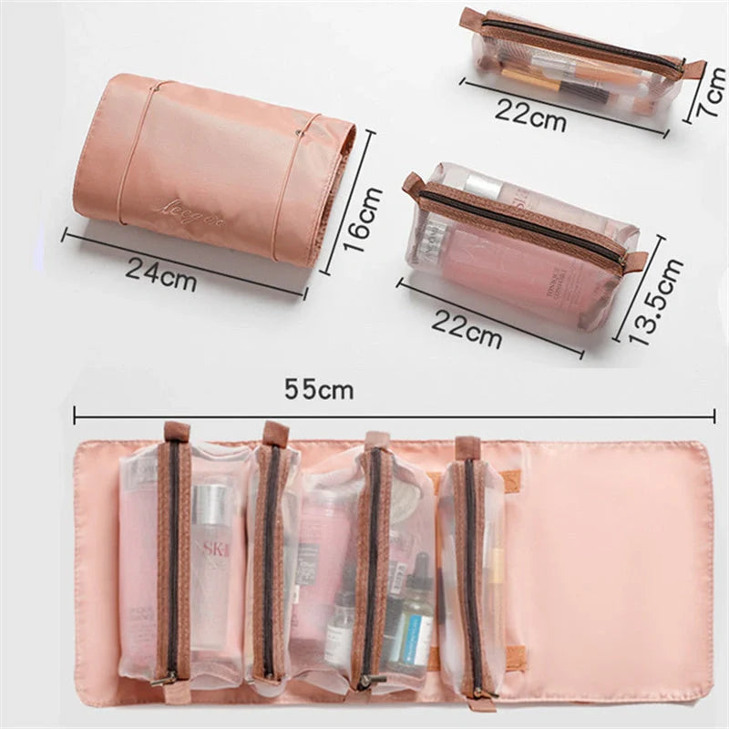 4-in-1 detachable cosmetic bag in green, pink, and black with waterproof oxford material