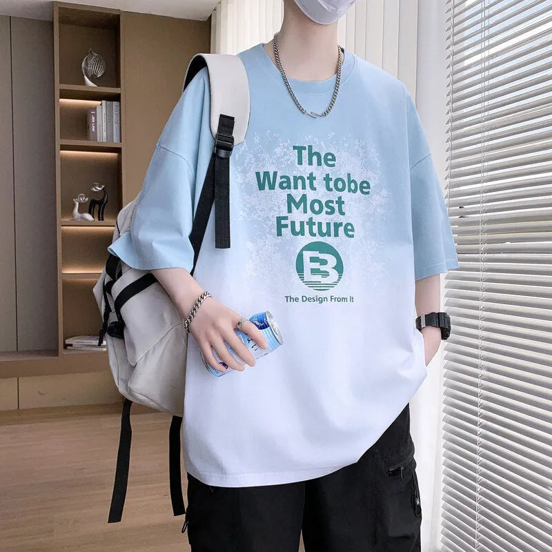 Boys cotton-polyester t-shirt with jacquard printed pattern in dark blue, short sleeves, drop-shoulder design