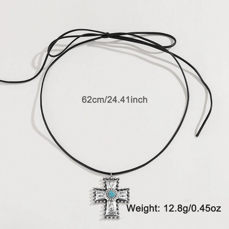 Elegant turquoise and cross-patterned personalized necklace set with vintage-inspired design