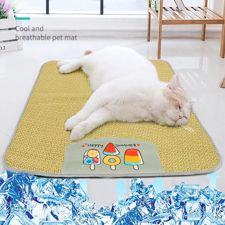 Cooling rattan pet mat for dogs and cats with sponge layer, available in five sizes