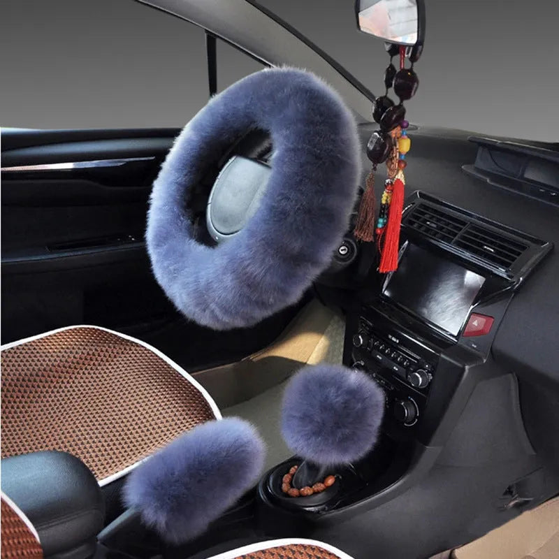 Wool steering wheel cover and handle cover set for car interiors