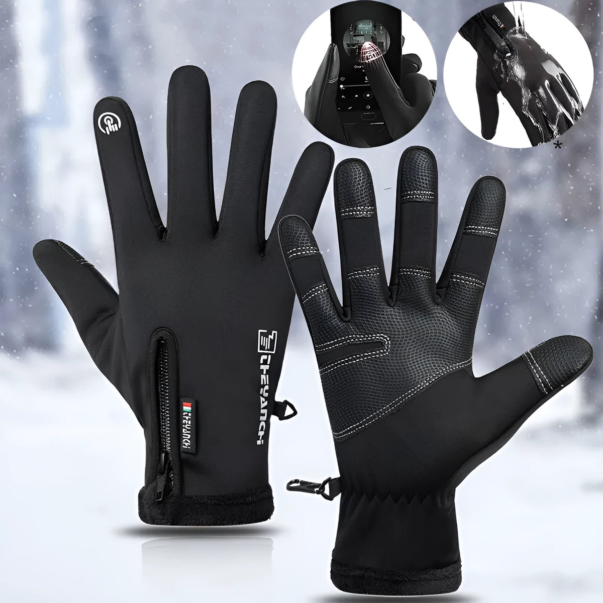Winter cycling gloves in black or grey with touchscreen fingertips, anti-skid grip, waterproof windproof fabric, sizes M to XXL
