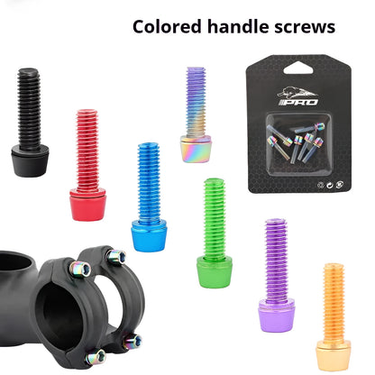 Set of six coloured stainless steel mountain bike handlebar fixing screws on a card.