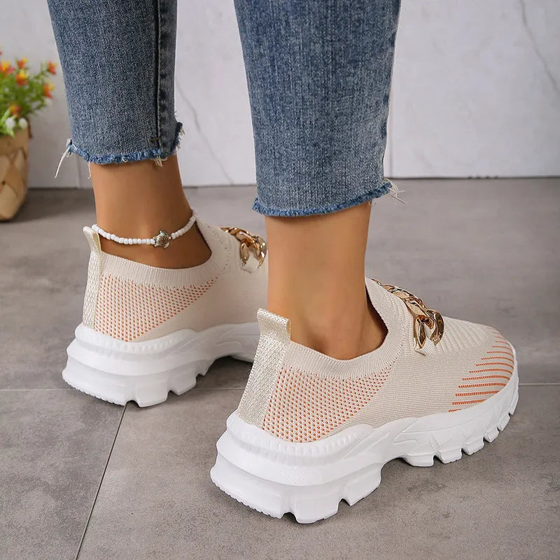 Women's Fashion Chain Mesh Slip-On Flat Shoes Breathable Fly Weaving Upper EVA Chunky Sole Sock Shoes for Casual Walking Height Increase Beige Black Orange Sizes 35-42