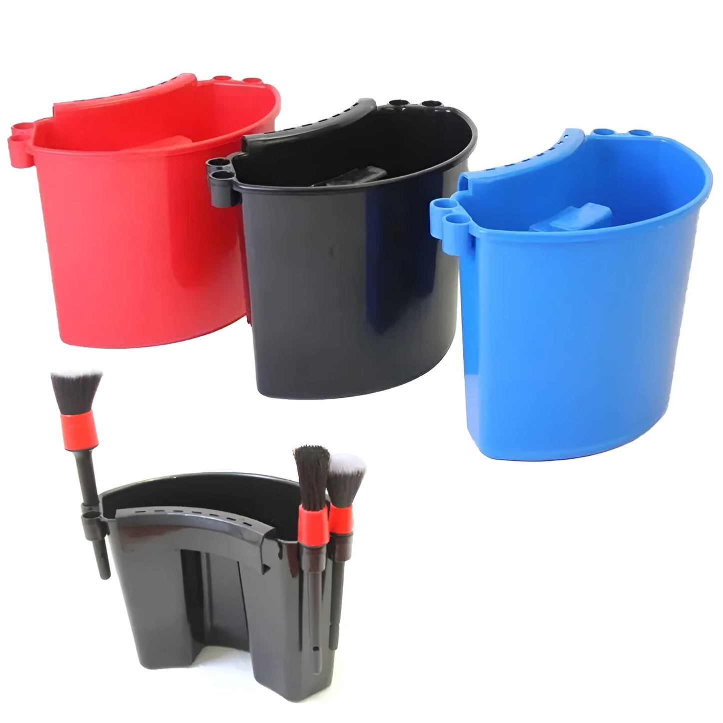 PP plastic car washing bucket shown in one of four colour options: black, red, blue, or pink.