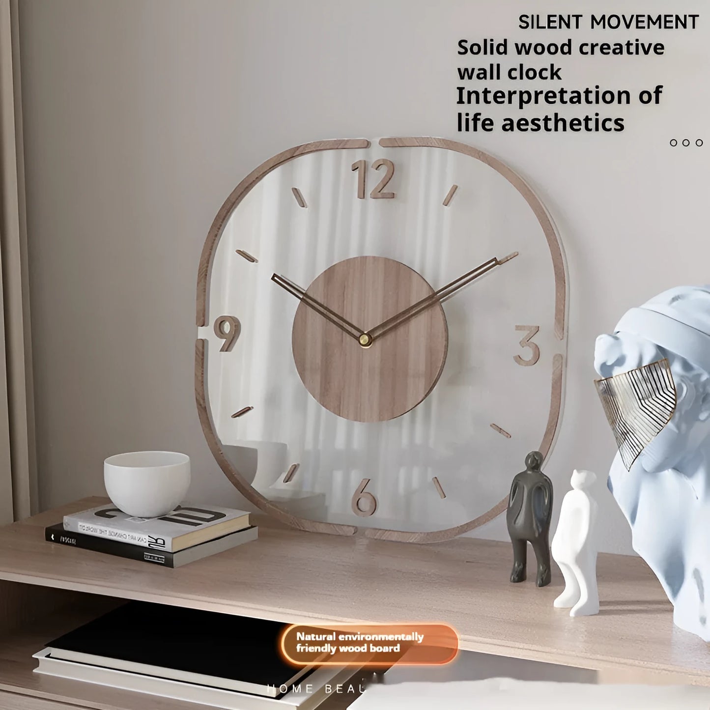 Transparent wooden frame wall clock with modern design in 35cm square size
