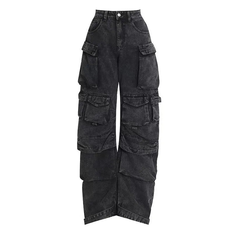 Blue high waist wide leg denim trousers with multiple pockets on a mannequin