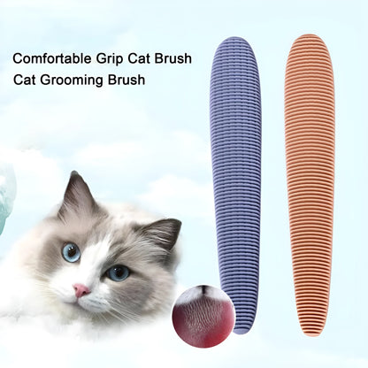 Grey and pink ABS plastic cat grooming comb with tongue-like texture and dual-ended design