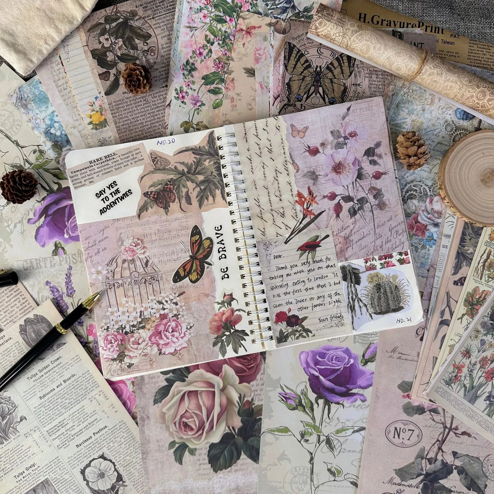 30 piece retro scrapbook paper set with botanical, flower, letter, recovery, starry night, and music prints